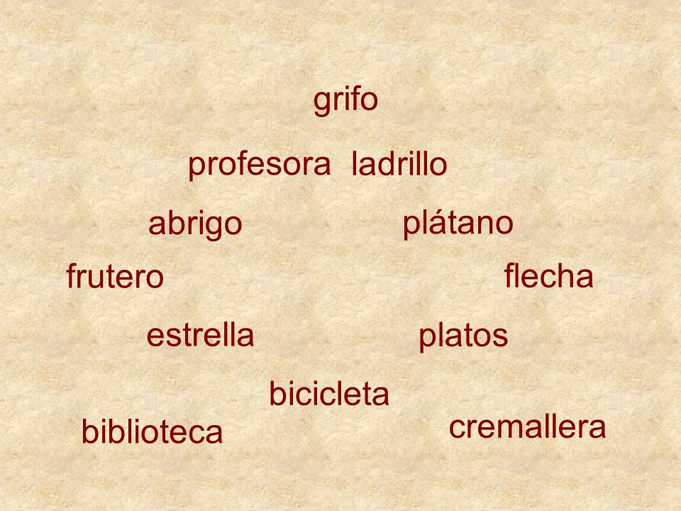 grifo profesora. ladrillo. abrigo. plátano. frutero. flecha. estrella. platos. bicicleta. cremallera.