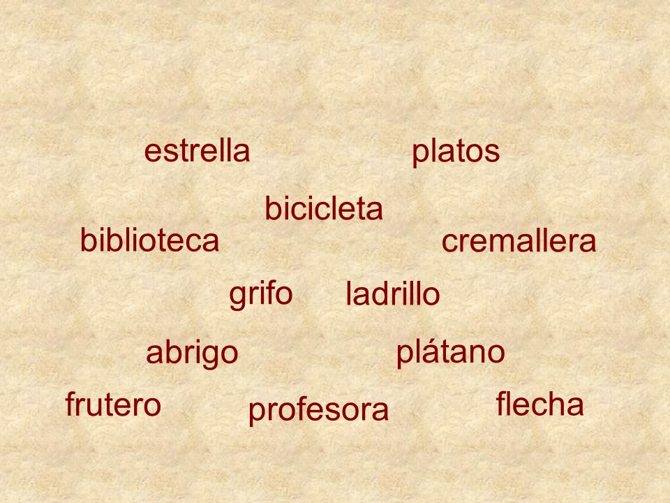 estrella platos. bicicleta. biblioteca. cremallera. grifo. ladrillo. abrigo. plátano. frutero.