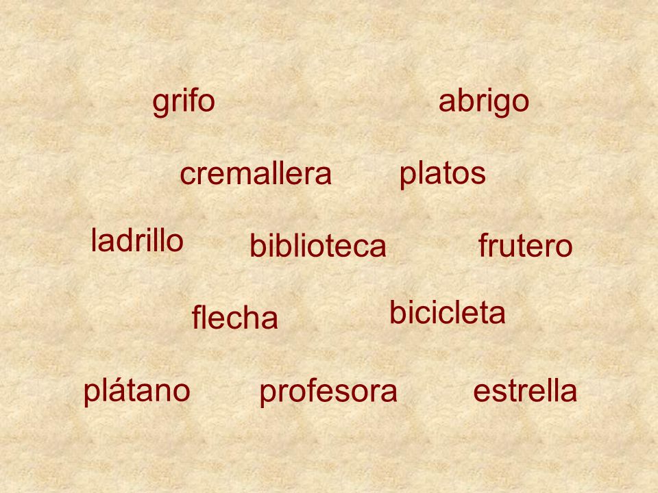 grifo abrigo. cremallera. platos. ladrillo. biblioteca. frutero. bicicleta. flecha. plátano.