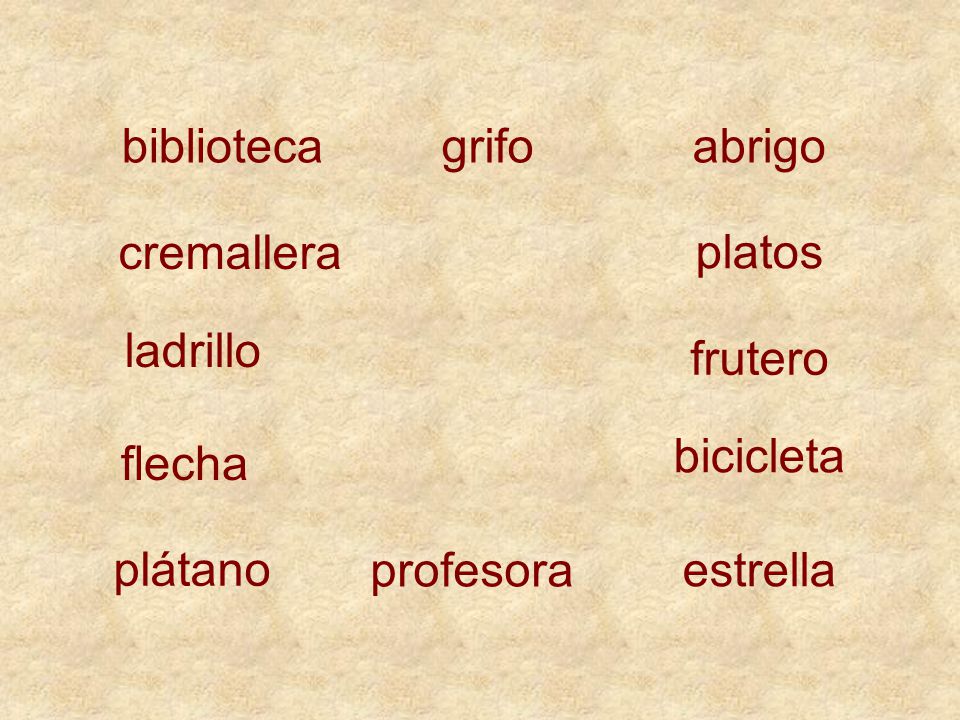 biblioteca grifo. abrigo. cremallera. platos. ladrillo. frutero. bicicleta. flecha. plátano.