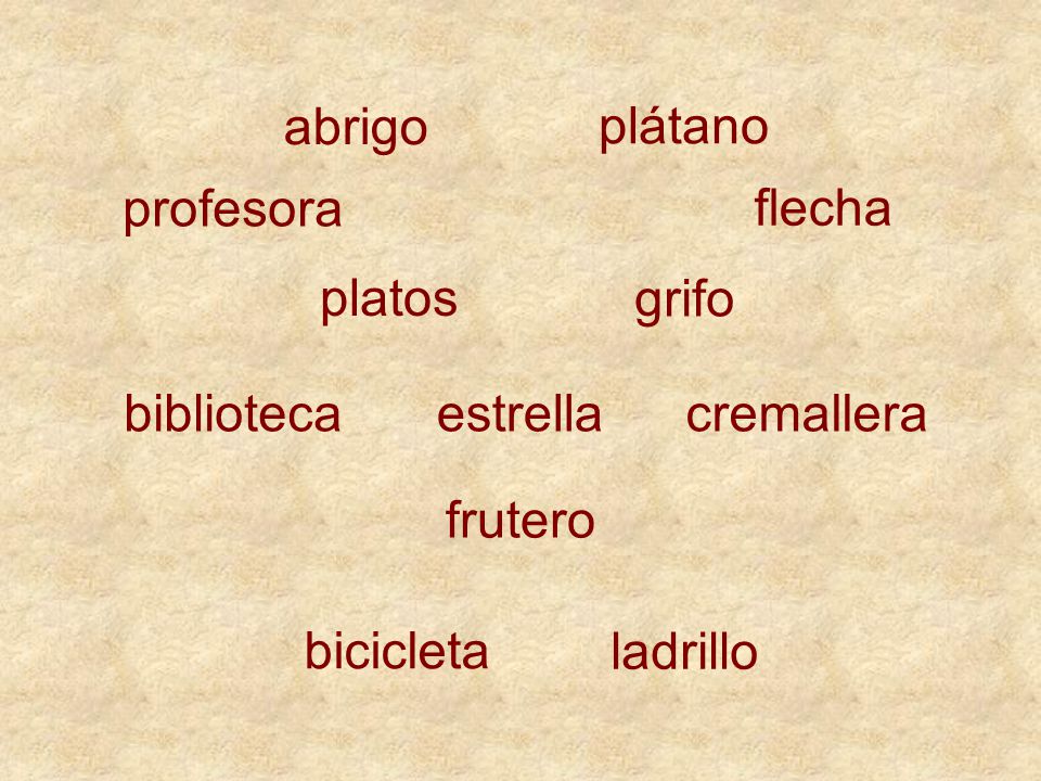 abrigo plátano. profesora. flecha. platos. grifo. biblioteca. estrella. cremallera. frutero.