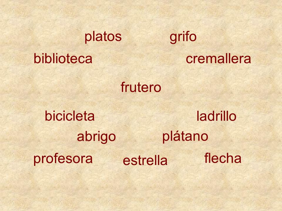 platos grifo. biblioteca. cremallera. frutero. bicicleta. ladrillo. abrigo. plátano. profesora.