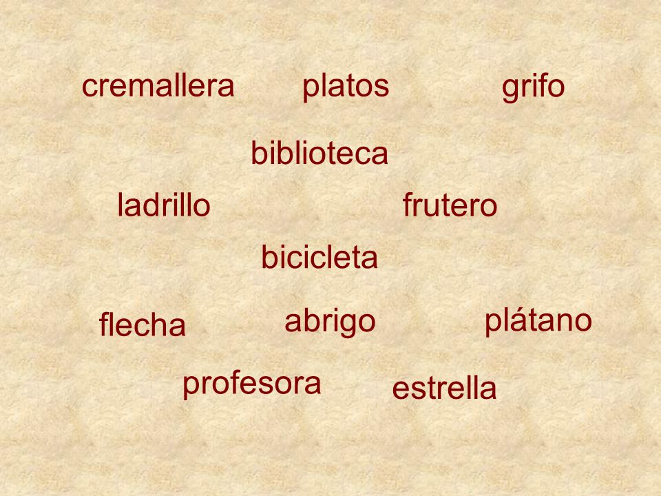 cremallera platos. grifo. biblioteca. ladrillo. frutero. bicicleta. abrigo. plátano. flecha.