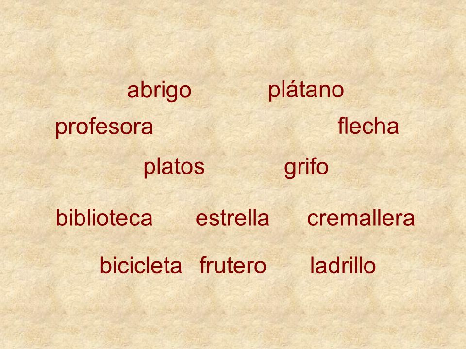 abrigo plátano. profesora. flecha. platos. grifo. biblioteca. estrella. cremallera. bicicleta.