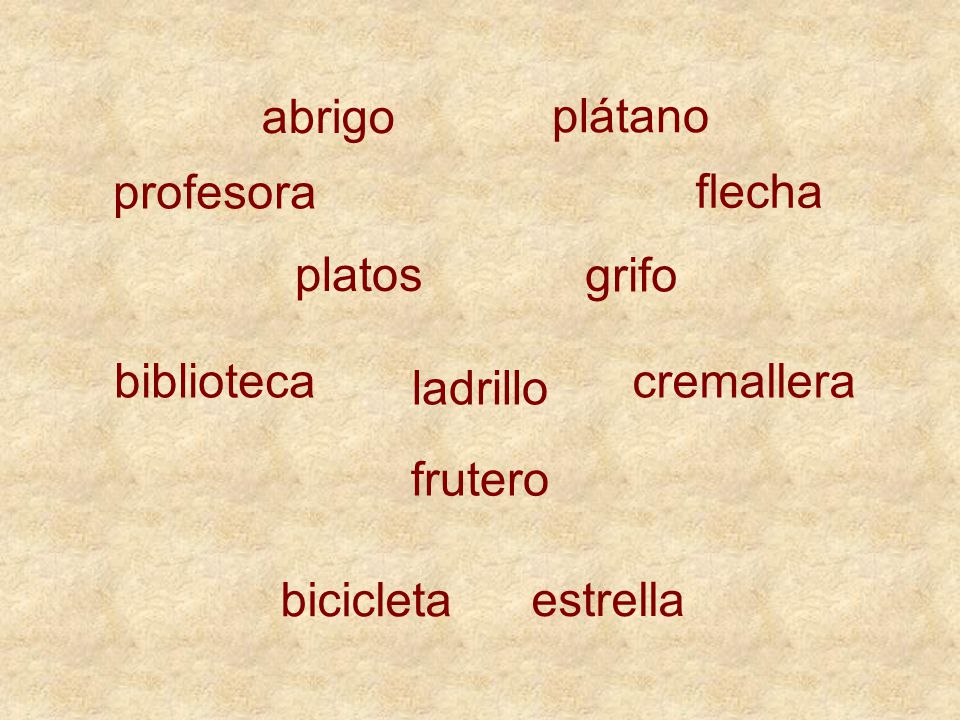 abrigo plátano. profesora. flecha. platos. grifo. biblioteca. cremallera. ladrillo. frutero.