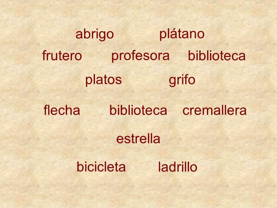 abrigo plátano. frutero. profesora. biblioteca. platos. grifo. flecha. biblioteca. cremallera.