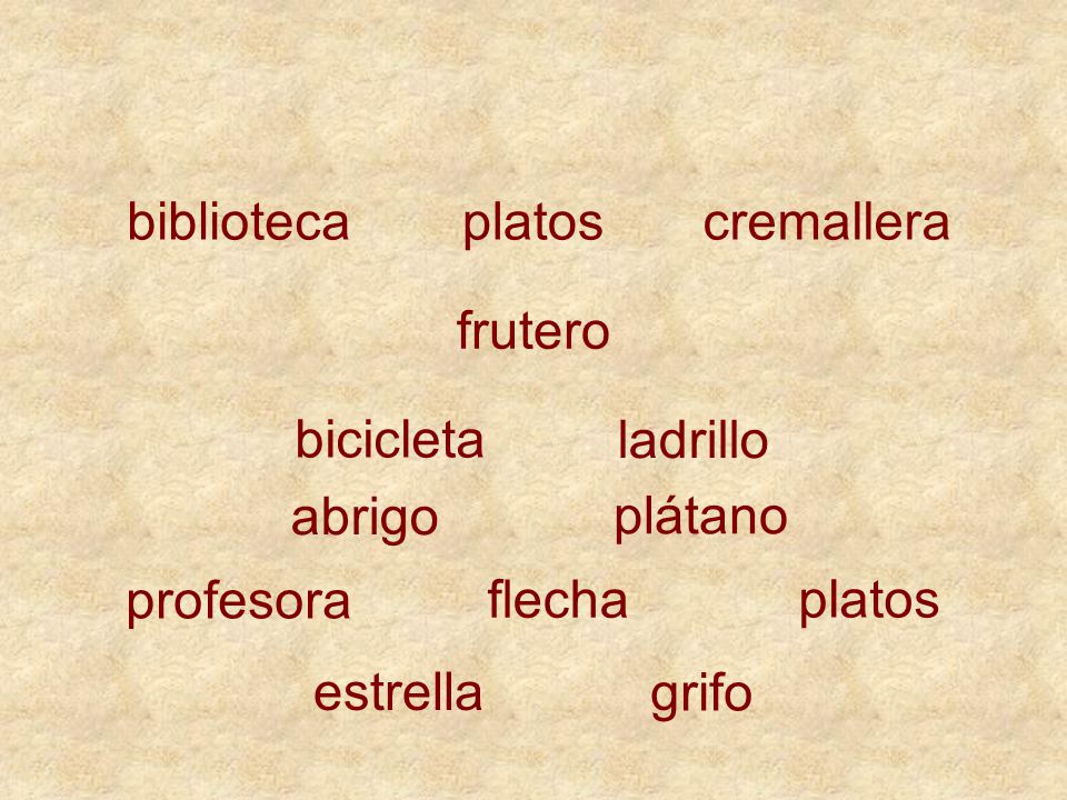 biblioteca platos. cremallera. frutero. bicicleta. ladrillo. abrigo. plátano. profesora. flecha.