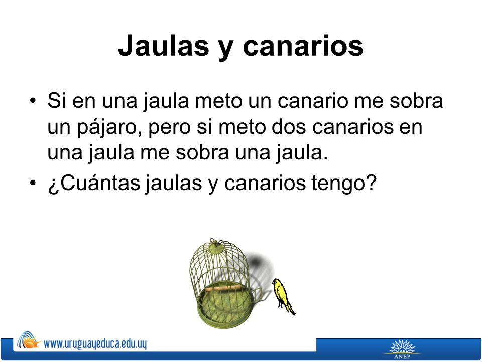 Jaulas y canarios Si en una jaula meto un canario me sobra un pájaro, pero si meto dos canarios en una jaula me sobra una jaula.