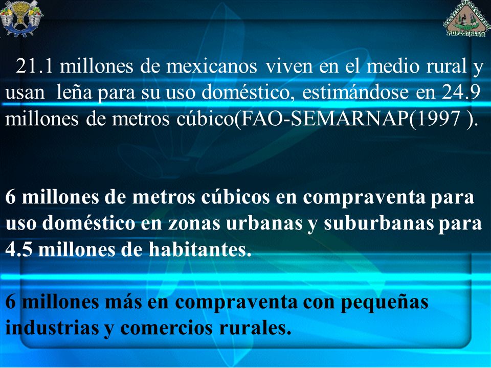 21.1 millones de mexicanos viven en el medio rural y usan leña para su uso doméstico, estimándose en 24.9 millones de metros cúbico(FAO-SEMARNAP(1997 ).