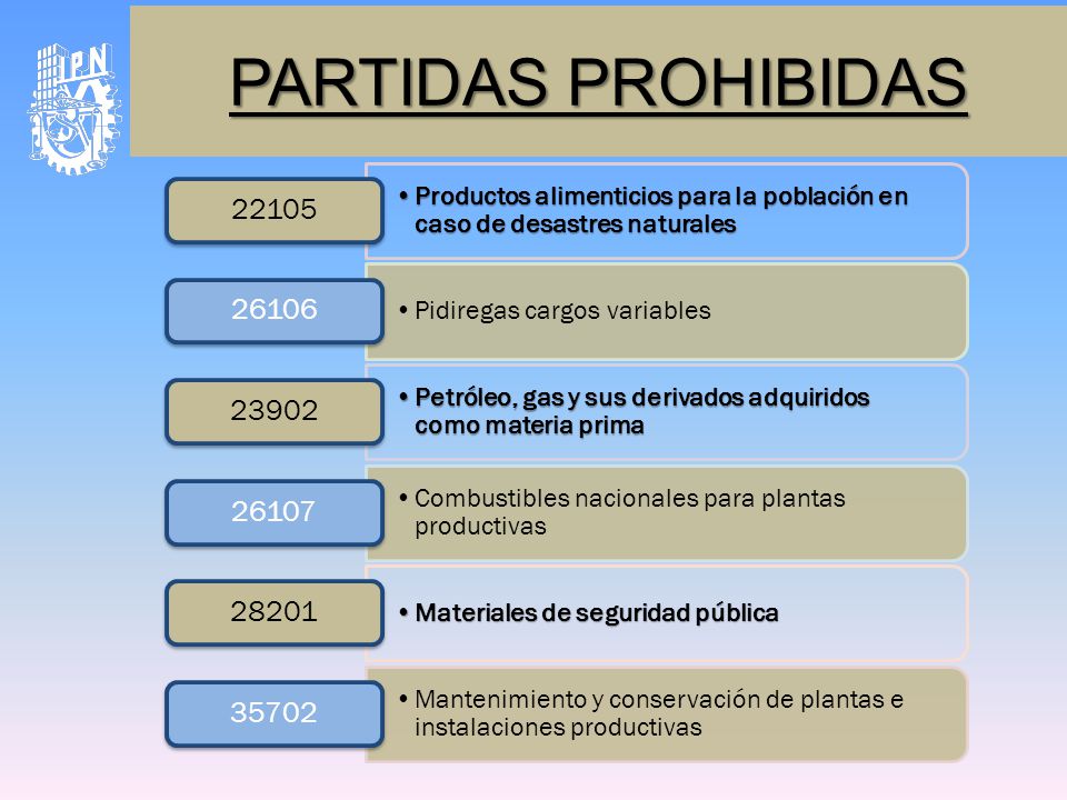 PARTIDAS PROHIBIDAS Productos alimenticios para la población en caso de desastres naturales