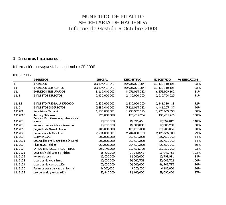 MUNICIPIO DE PITALITO SECRETARIA DE HACIENDA Informe de Gestión a Octubre 2008