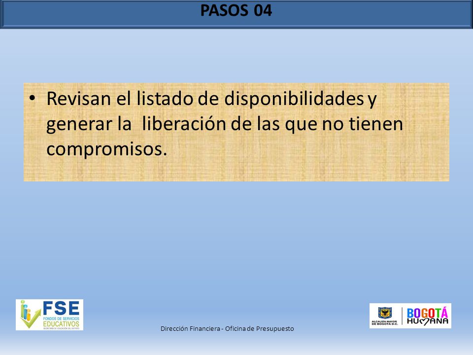 PASOS 04 Revisan el listado de disponibilidades y generar la liberación de las que no tienen compromisos.