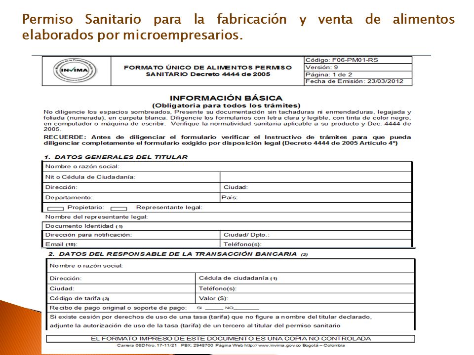 Permiso Sanitario para la fabricación y venta de alimentos elaborados por microempresarios.