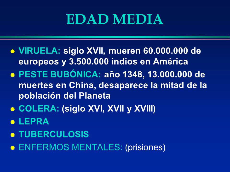 EDAD MEDIA VIRUELA: siglo XVII, mueren de europeos y indios en América.