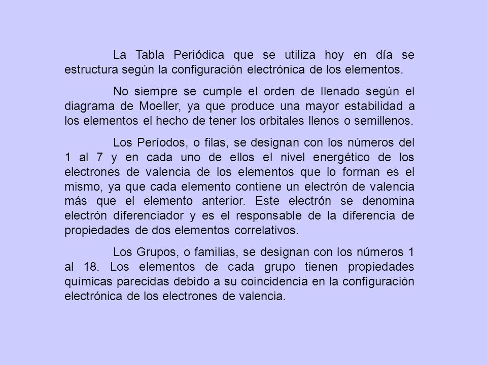 La Tabla Periódica que se utiliza hoy en día se estructura según la configuración electrónica de los elementos.