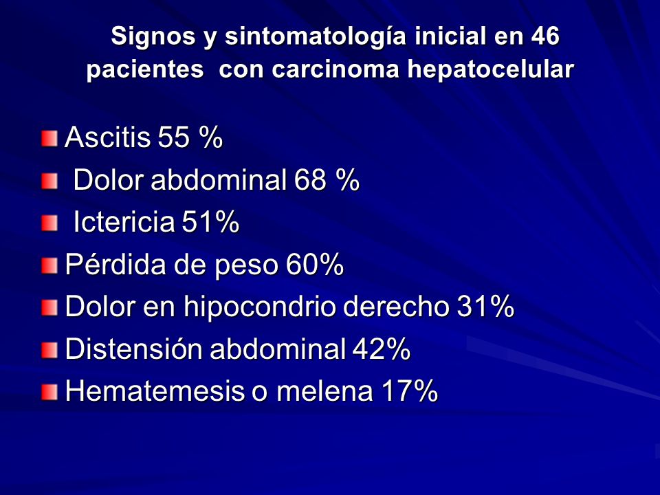 Signos y sintomatología inicial en 46 pacientes con carcinoma hepatocelular