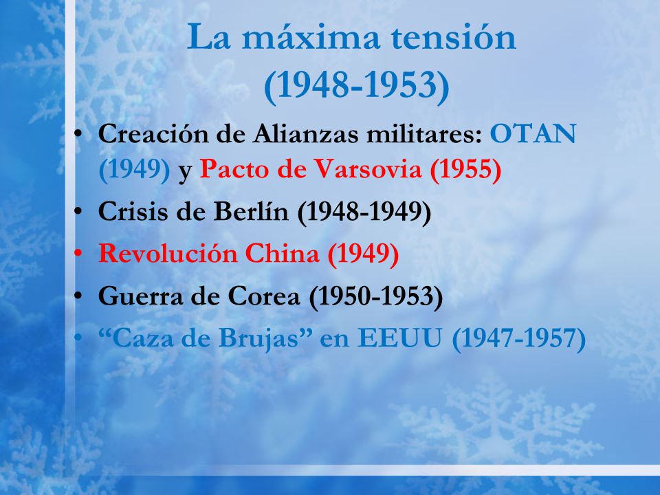 La máxima tensión ( ) Creación de Alianzas militares: OTAN (1949) y Pacto de Varsovia (1955)