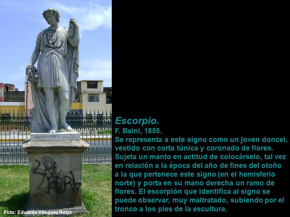 Escorpio. F. Baini, Se representa a este signo como un joven doncel, vestido con corta túnica y coronado de flores.