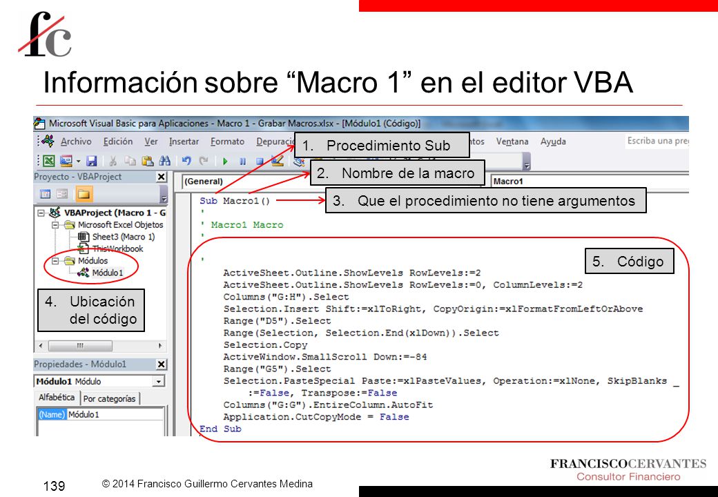 Información sobre Macro 1 en el editor VBA