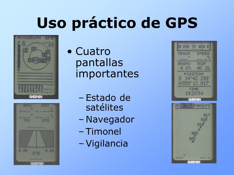 Uso práctico de GPS Cuatro pantallas importantes Estado de satélites