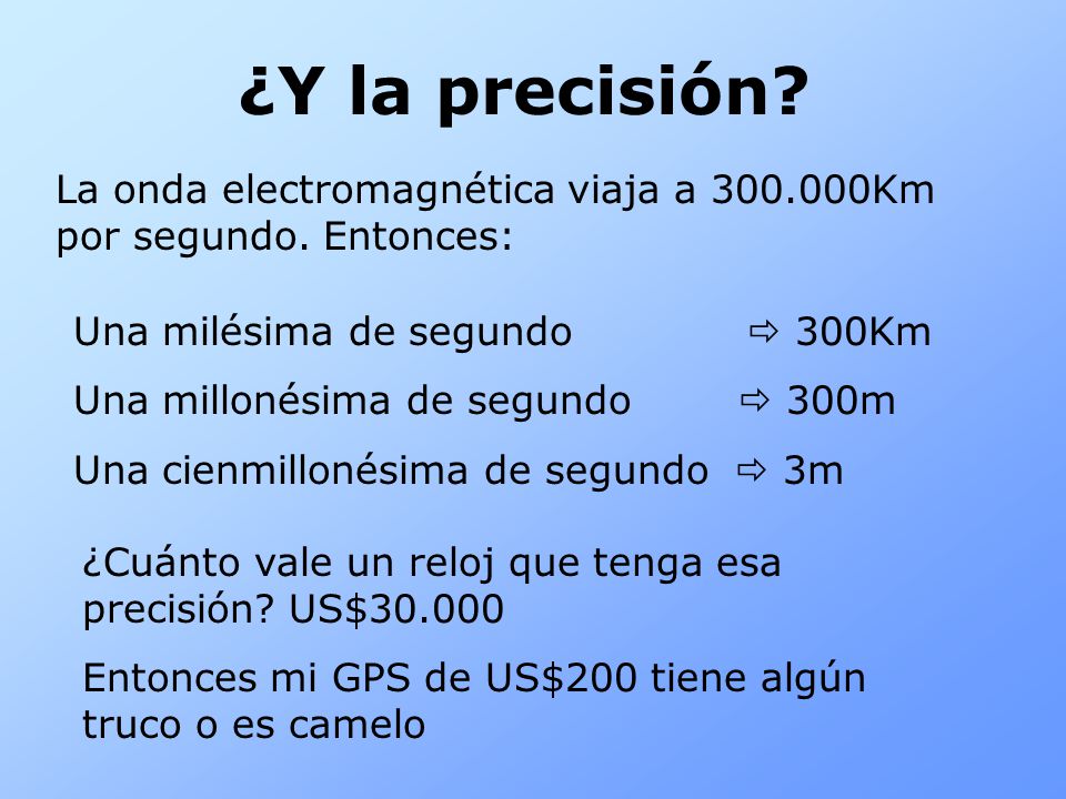 ¿Y la precisión La onda electromagnética viaja a Km por segundo. Entonces: Una milésima de segundo  300Km.