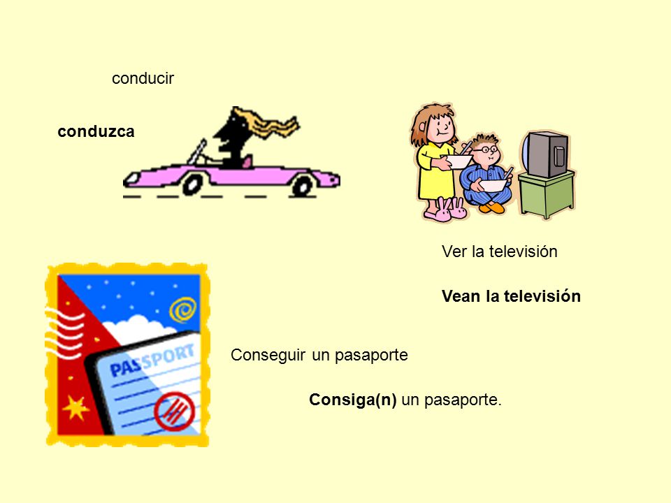 conducir conduzca. Ver la televisión. Vean la televisión.