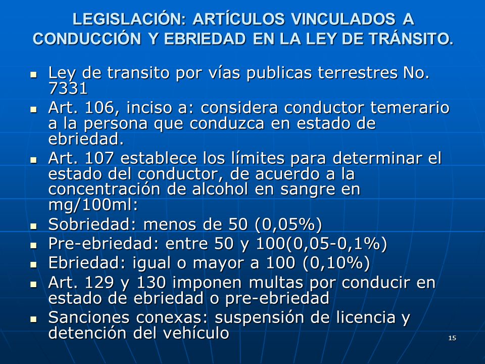 LEGISLACIÓN: ARTÍCULOS VINCULADOS A CONDUCCIÓN Y EBRIEDAD EN LA LEY DE TRÁNSITO.