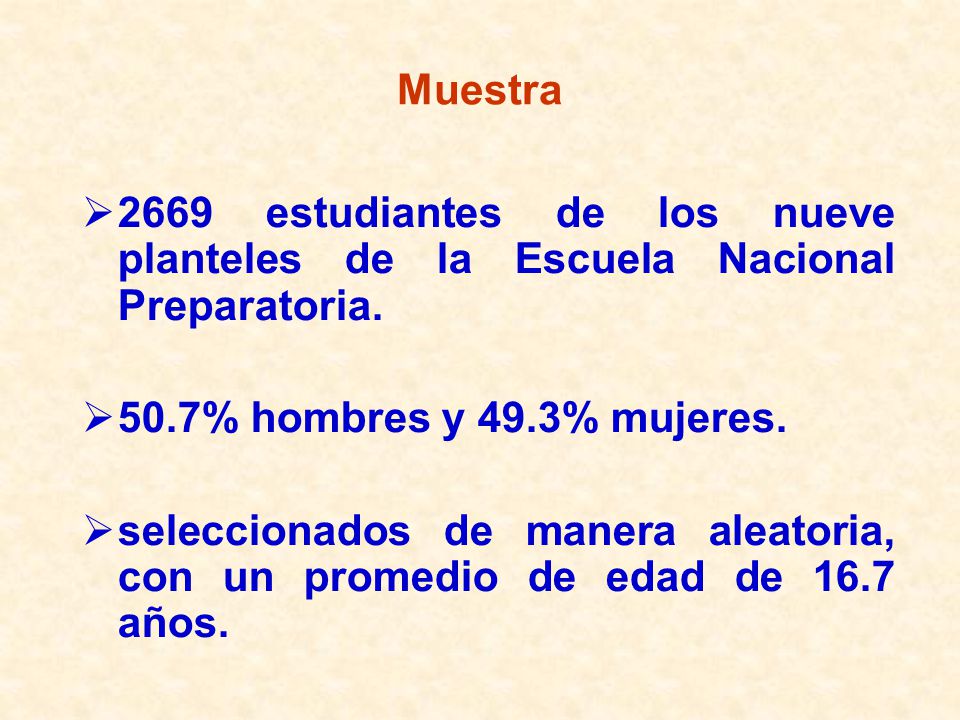 Muestra 2669 estudiantes de los nueve planteles de la Escuela Nacional Preparatoria. 50.7% hombres y 49.3% mujeres.