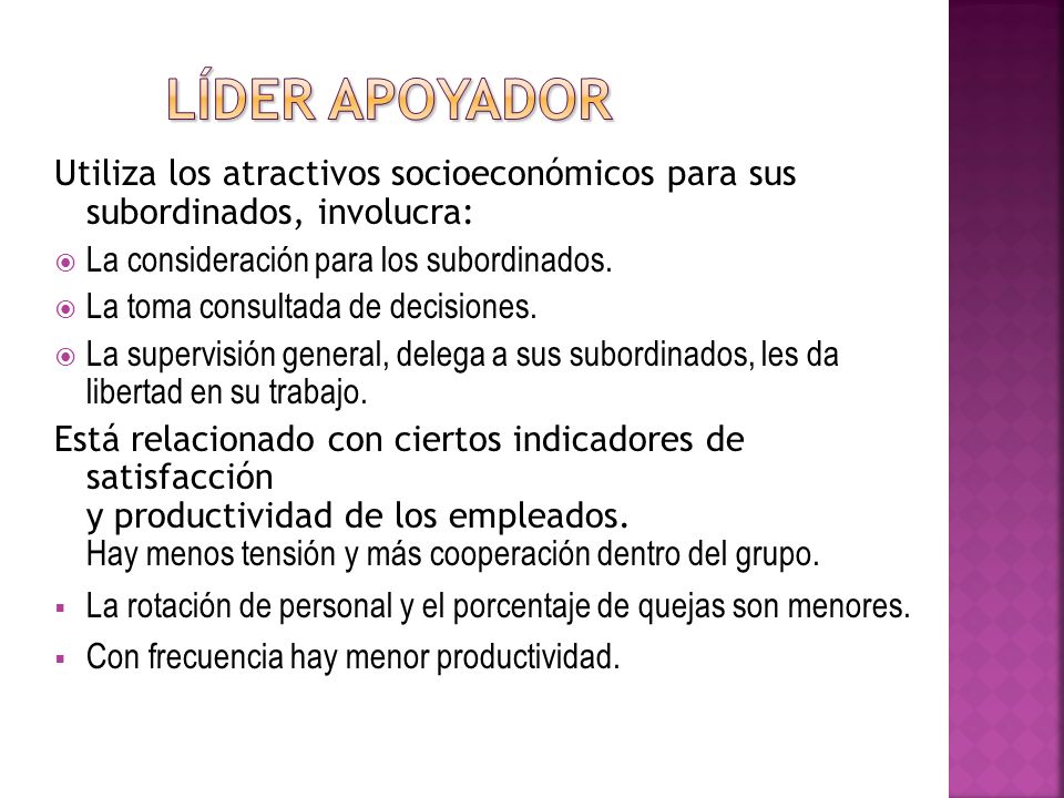 Líder apoyador Utiliza los atractivos socioeconómicos para sus subordinados, involucra: La consideración para los subordinados.