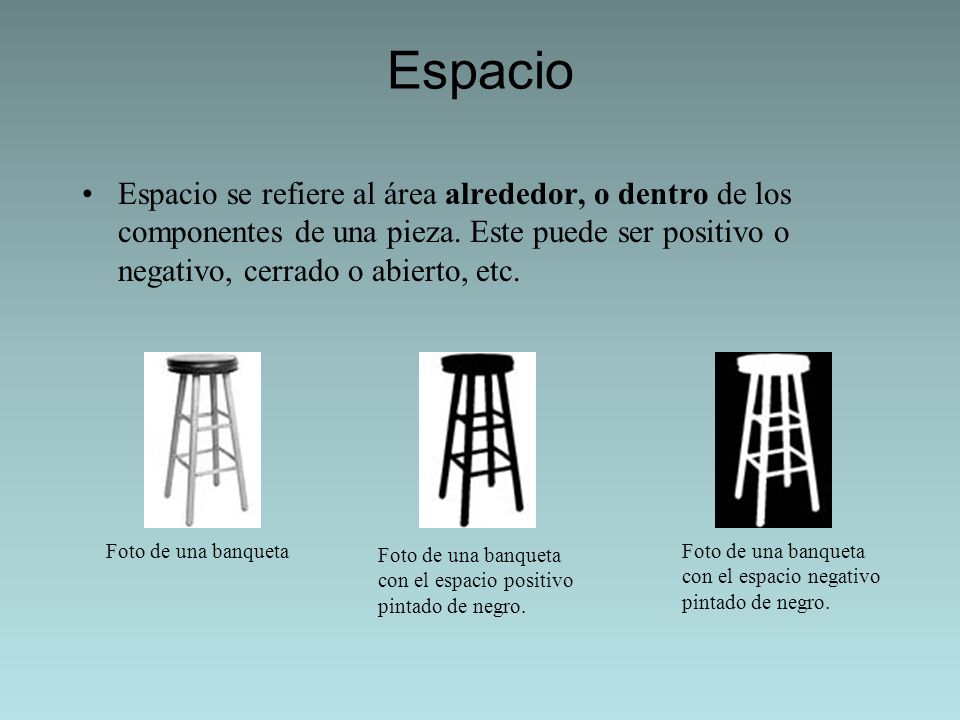 Espacio Espacio se refiere al área alrededor, o dentro de los componentes de una pieza. Este puede ser positivo o negativo, cerrado o abierto, etc.