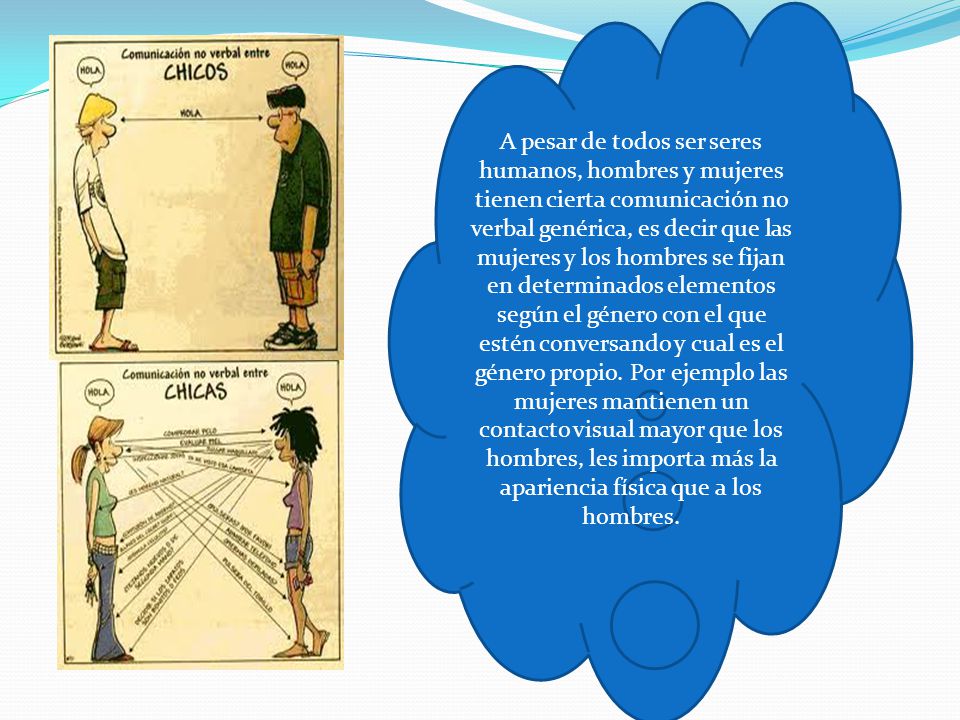 A pesar de todos ser seres humanos, hombres y mujeres tienen cierta comunicación no verbal genérica, es decir que las mujeres y los hombres se fijan en determinados elementos según el género con el que estén conversando y cual es el género propio.