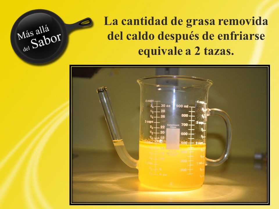 La cantidad de grasa removida del caldo después de enfriarse equivale a 2 tazas.