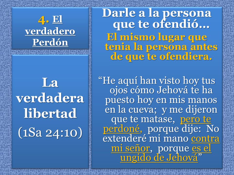 La verdadera libertad (1Sa 24:10) Darle a la persona que te ofendió…