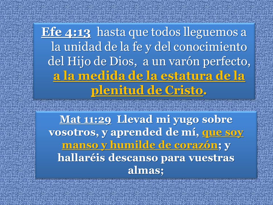 Efe 4:13 hasta que todos lleguemos a la unidad de la fe y del conocimiento del Hijo de Dios, a un varón perfecto, a la medida de la estatura de la plenitud de Cristo.