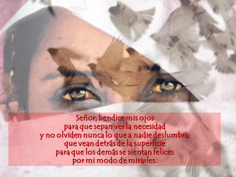 Señor, bendice mis ojos para que sepan ver la necesidad y no olviden nunca lo que a nadie deslumbra; que vean detrás de la superficie para que los demás se sientan felices por mi modo de mirarles.