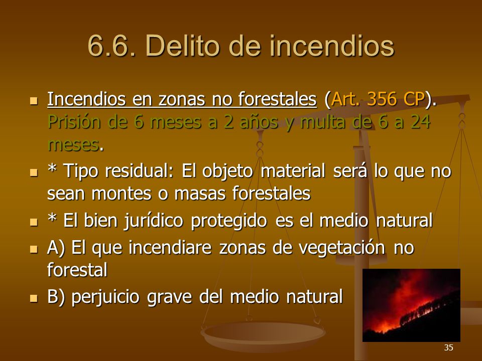 6.6. Delito de incendios Incendios en zonas no forestales (Art. 356 CP). Prisión de 6 meses a 2 años y multa de 6 a 24 meses.