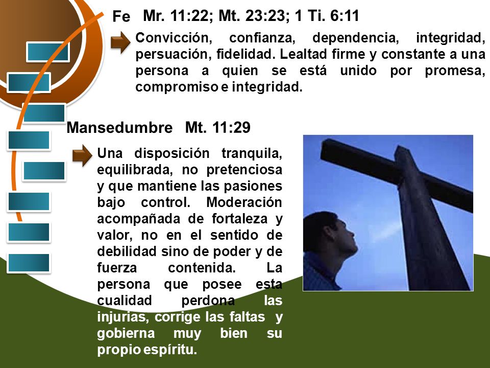 Fe Mr. 11:22; Mt. 23:23; 1 Ti. 6:11 Mansedumbre Mt. 11:29