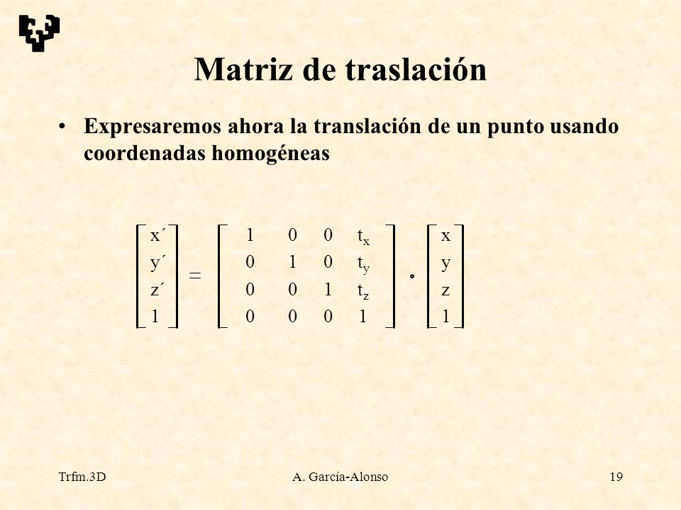 Matriz de traslación Expresaremos ahora la translación de un punto usando coordenadas homogéneas. x´ tx x.