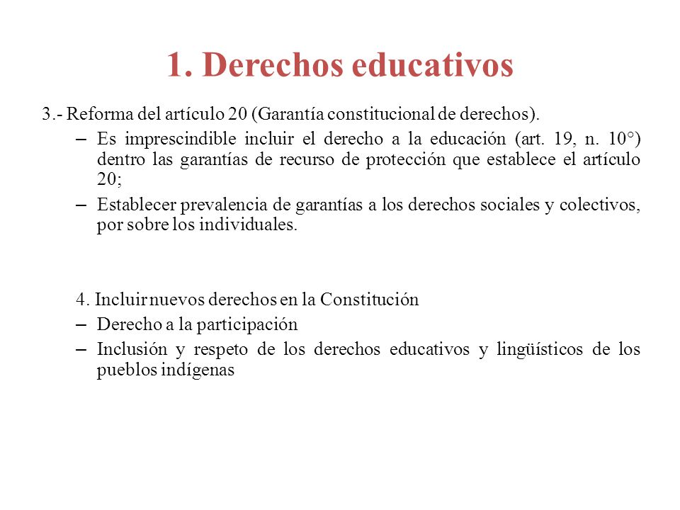 1. Derechos educativos 3.- Reforma del artículo 20 (Garantía constitucional de derechos).