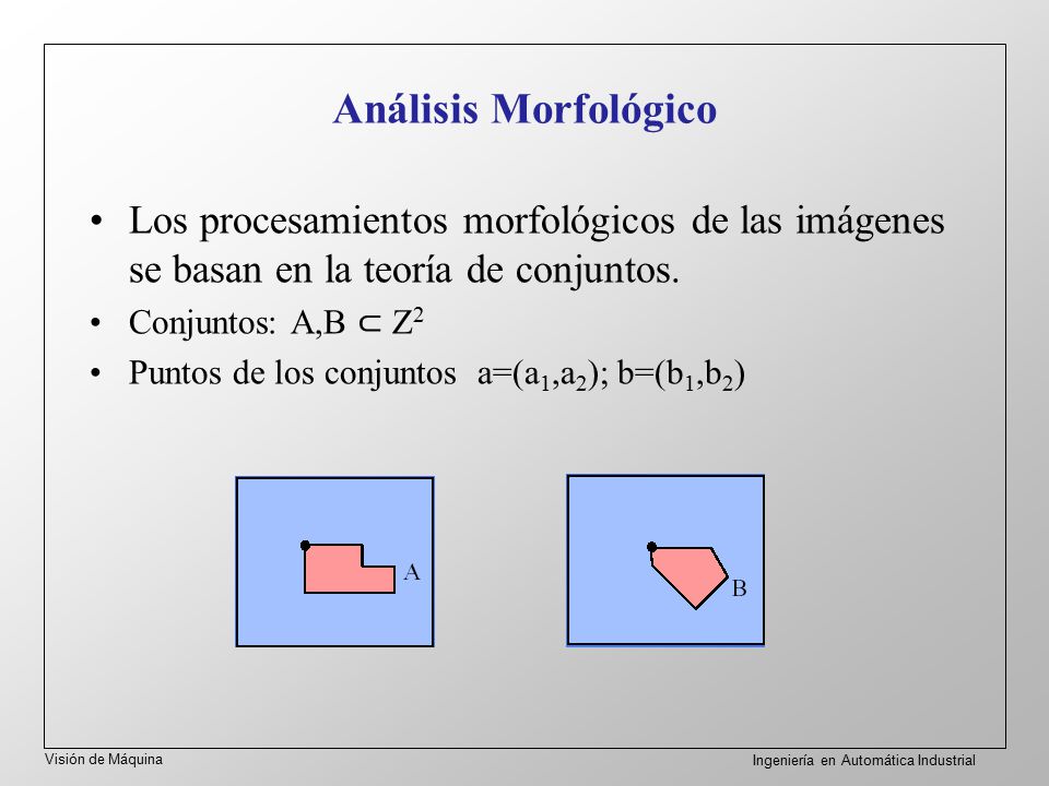 Análisis Morfológico Los procesamientos morfológicos de las imágenes se basan en la teoría de conjuntos.