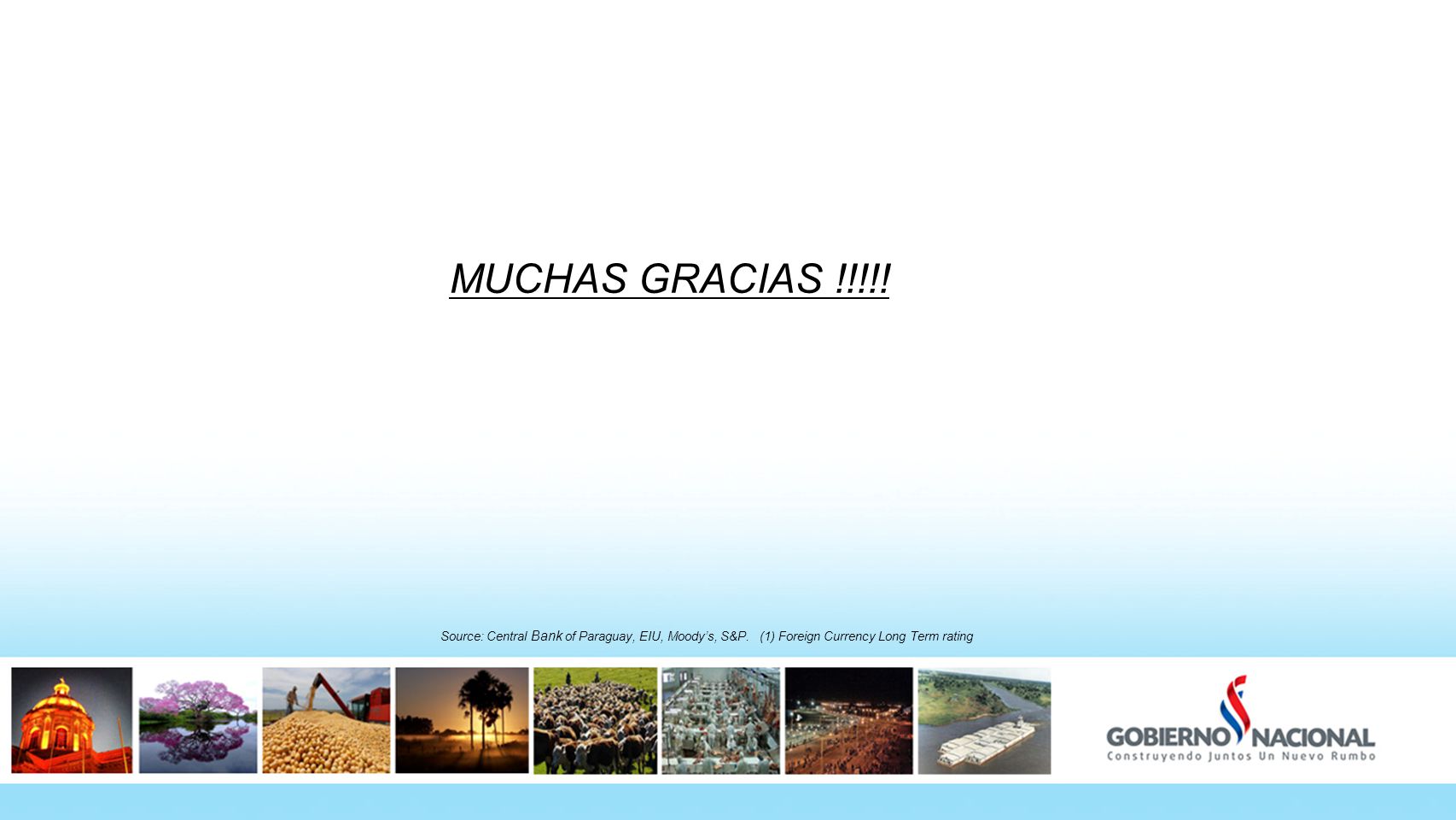 MUCHAS GRACIAS !!!!! Source: Central Bank of Paraguay, EIU, Moody’s, S&P. (1) Foreign Currency Long Term rating.