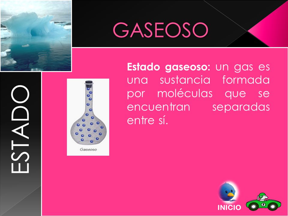 ESTADO GASEOSO. Estado gaseoso: un gas es una sustancia formada por moléculas que se encuentran separadas entre sí.