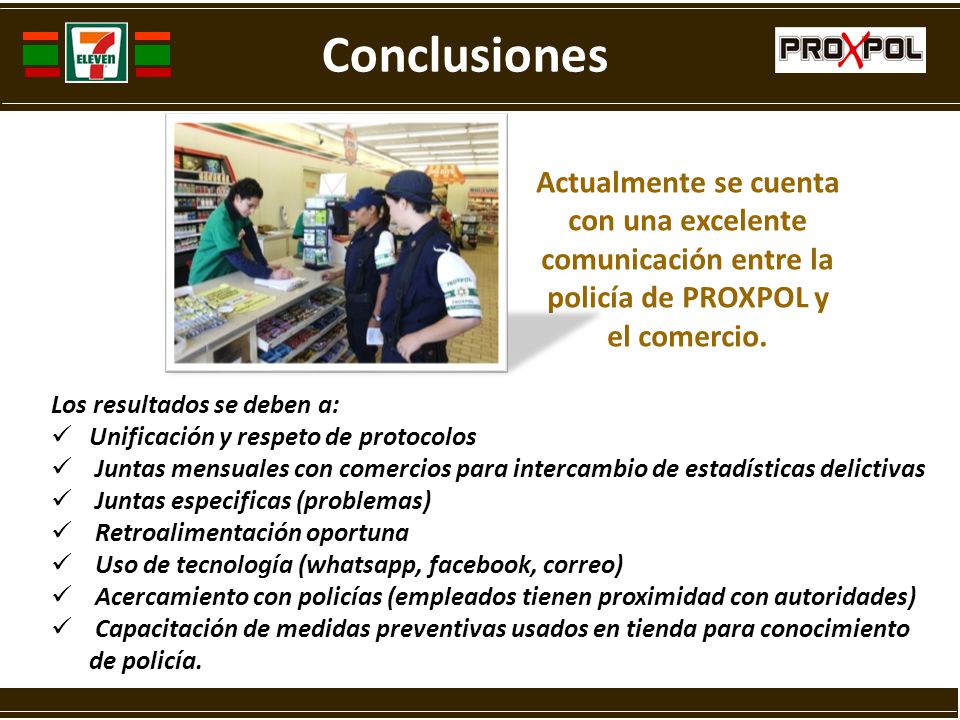 Conclusiones Actualmente se cuenta con una excelente comunicación entre la policía de PROXPOL y el comercio.