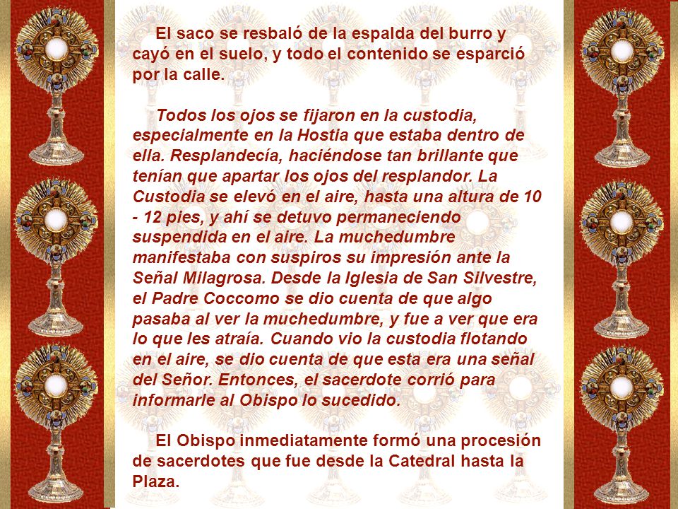El saco se resbaló de la espalda del burro y cayó en el suelo, y todo el contenido se esparció por la calle.