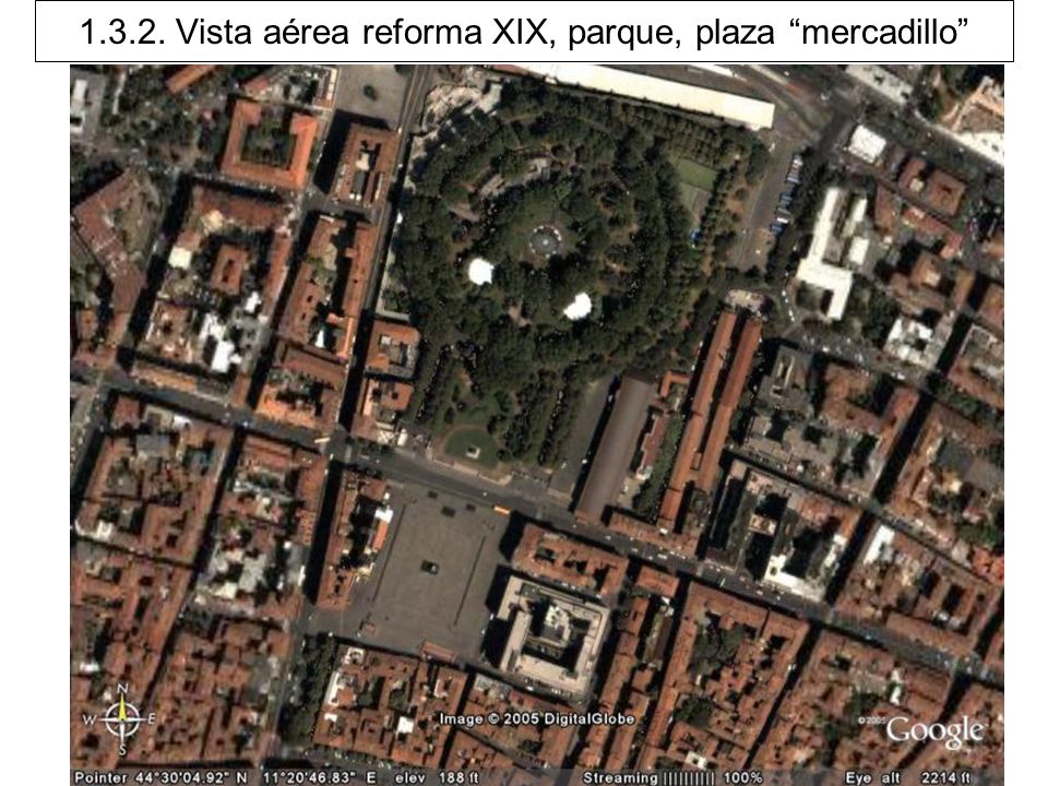 Vista aérea reforma XIX, parque, plaza mercadillo