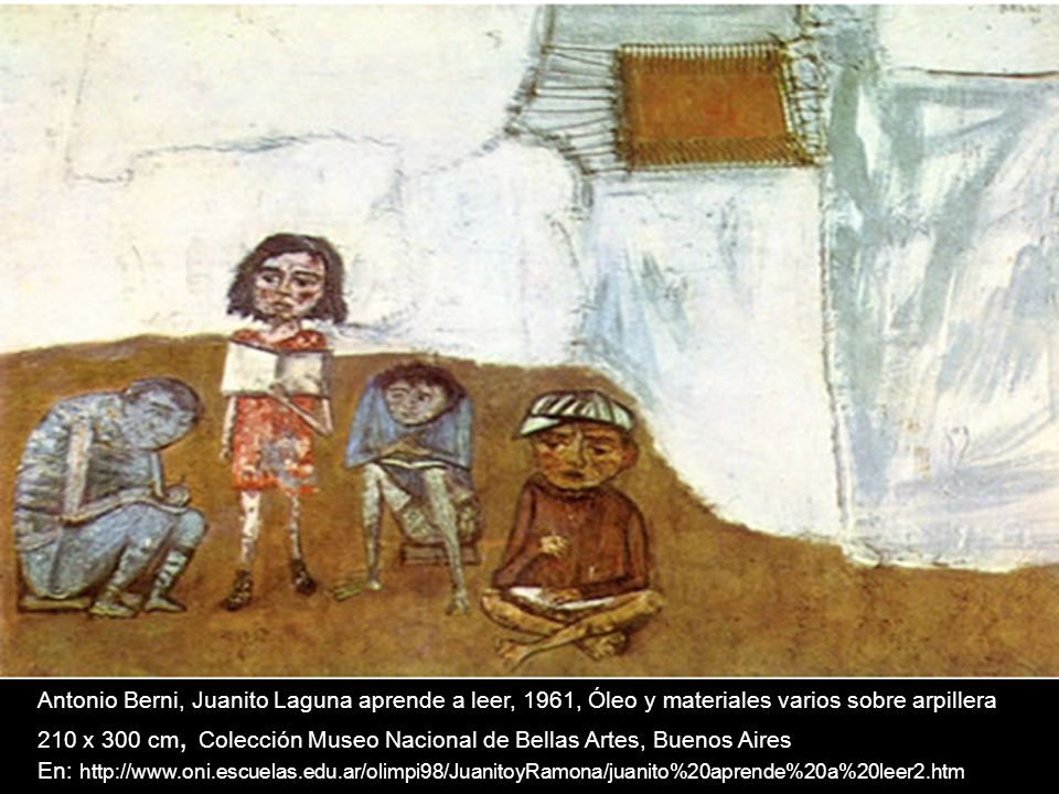Antonio Berni, Juanito Laguna aprende a leer, 1961, Óleo y materiales varios sobre arpillera