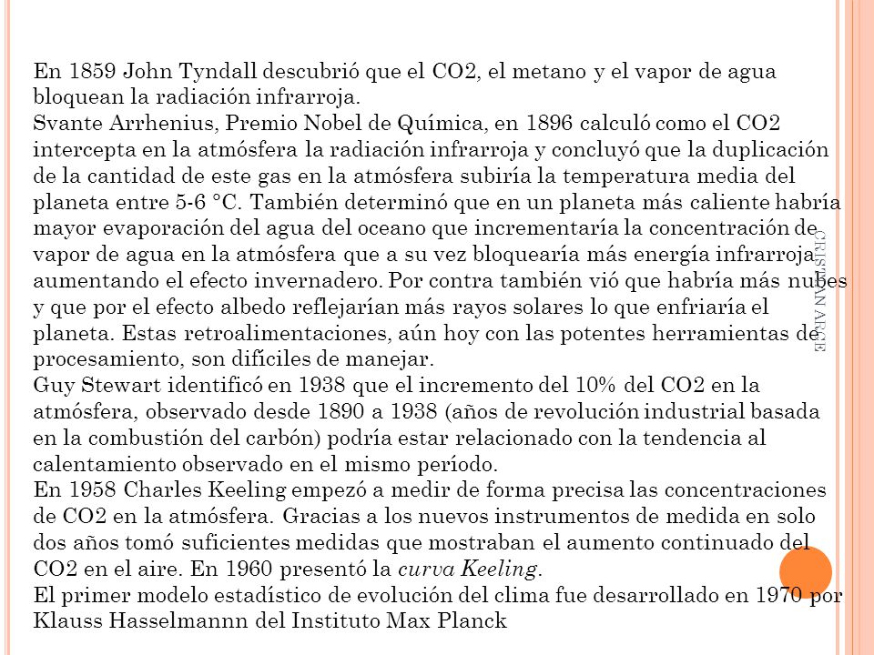 En 1859 John Tyndall descubrió que el CO2, el metano y el vapor de agua bloquean la radiación infrarroja.