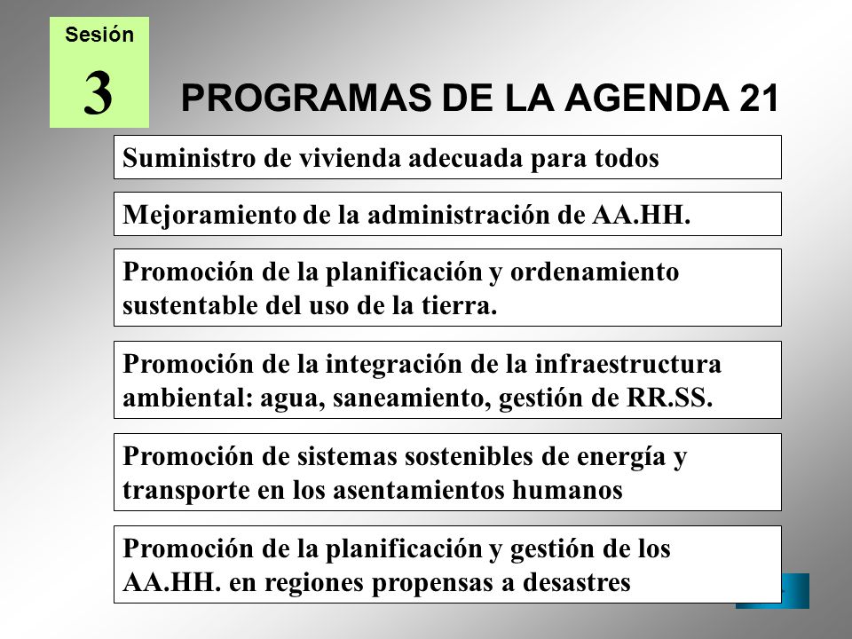 3 PROGRAMAS DE LA AGENDA 21 Suministro de vivienda adecuada para todos