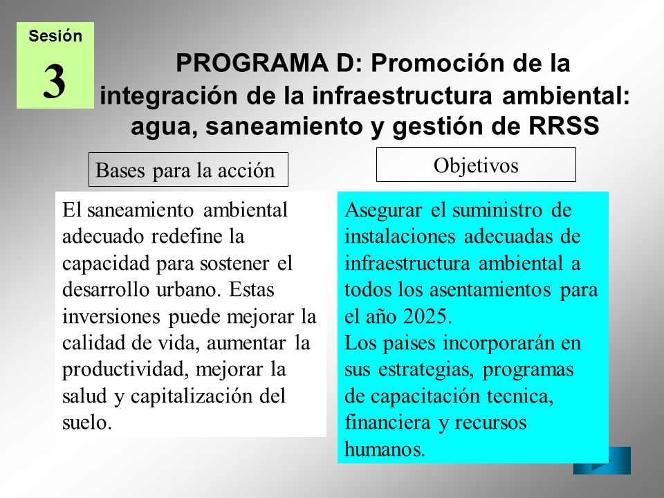 Sesión 3. PROGRAMA D: Promoción de la integración de la infraestructura ambiental: agua, saneamiento y gestión de RRSS.