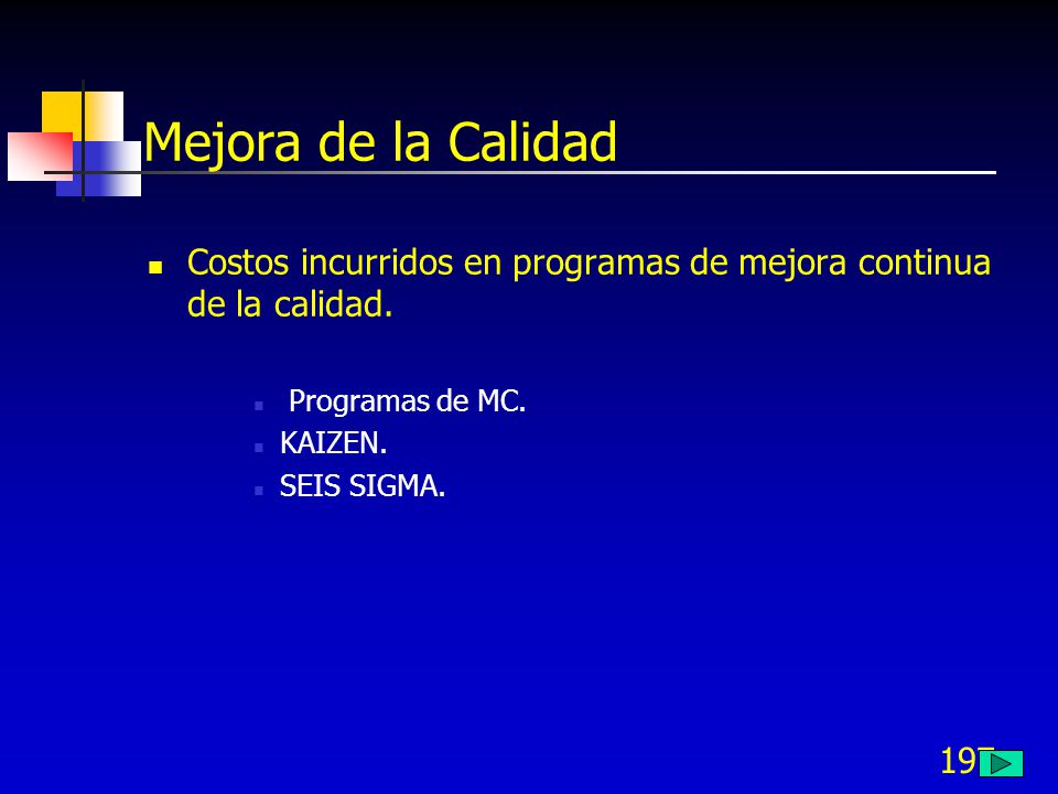 Mejora de la Calidad Costos incurridos en programas de mejora continua de la calidad. Programas de MC.